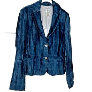 Cache Velvet Blazer‎ Jacket Womens 4 Blue Shiny Lined Rhinestone Buttons Vintage
